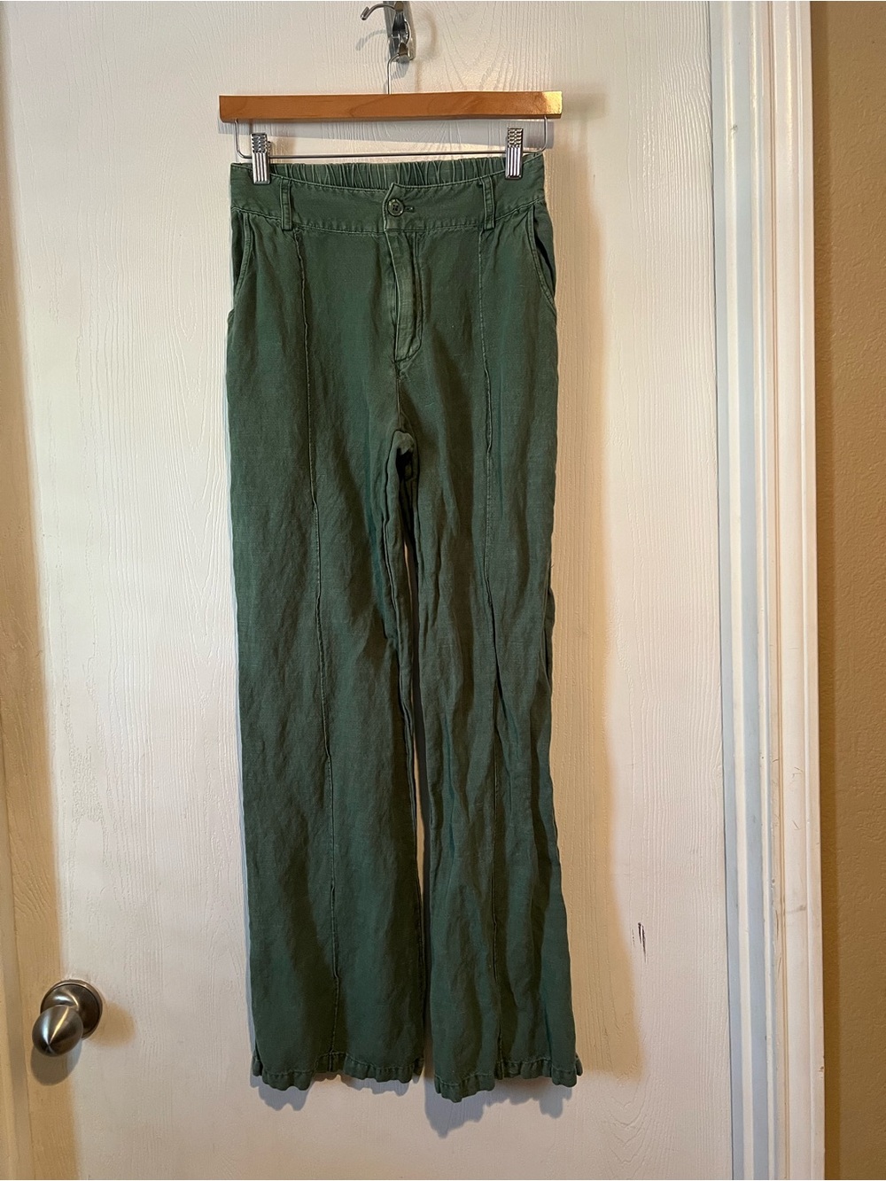YFB Linen Blend Green Pants Wide Leg Elastic Waist Women Sz XS